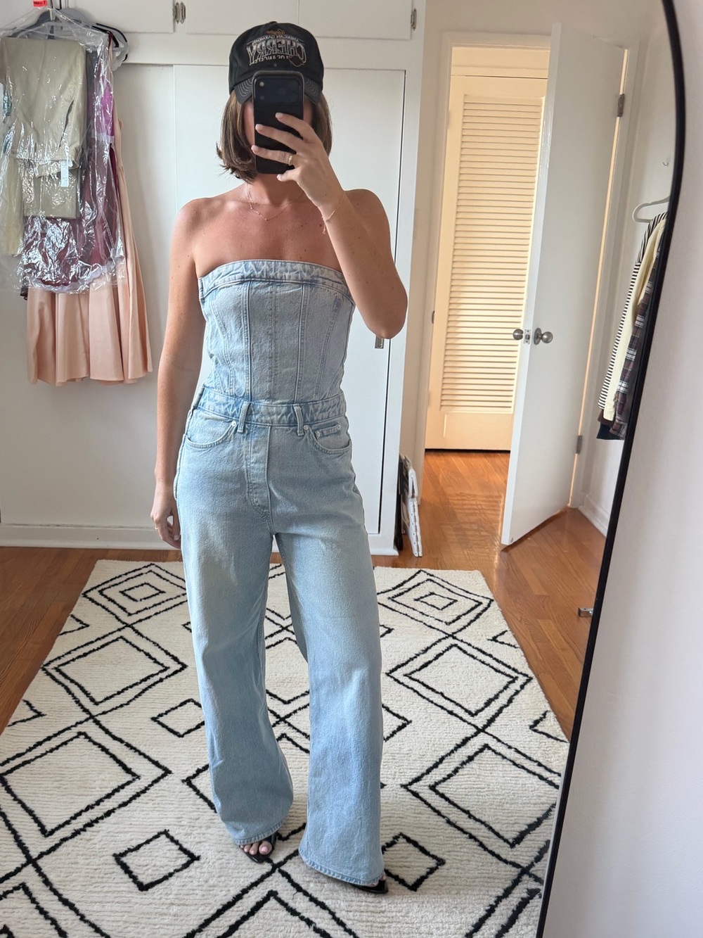 Light Wash Strapless Denim Jeans Jumpsuit